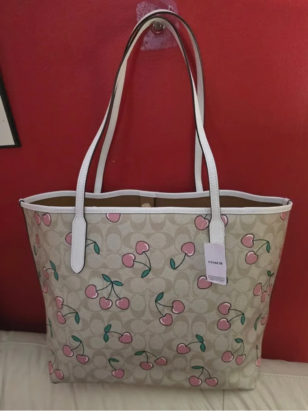 Coach Cherry-Print Canvas Tote in Pink and Beige with White Trim